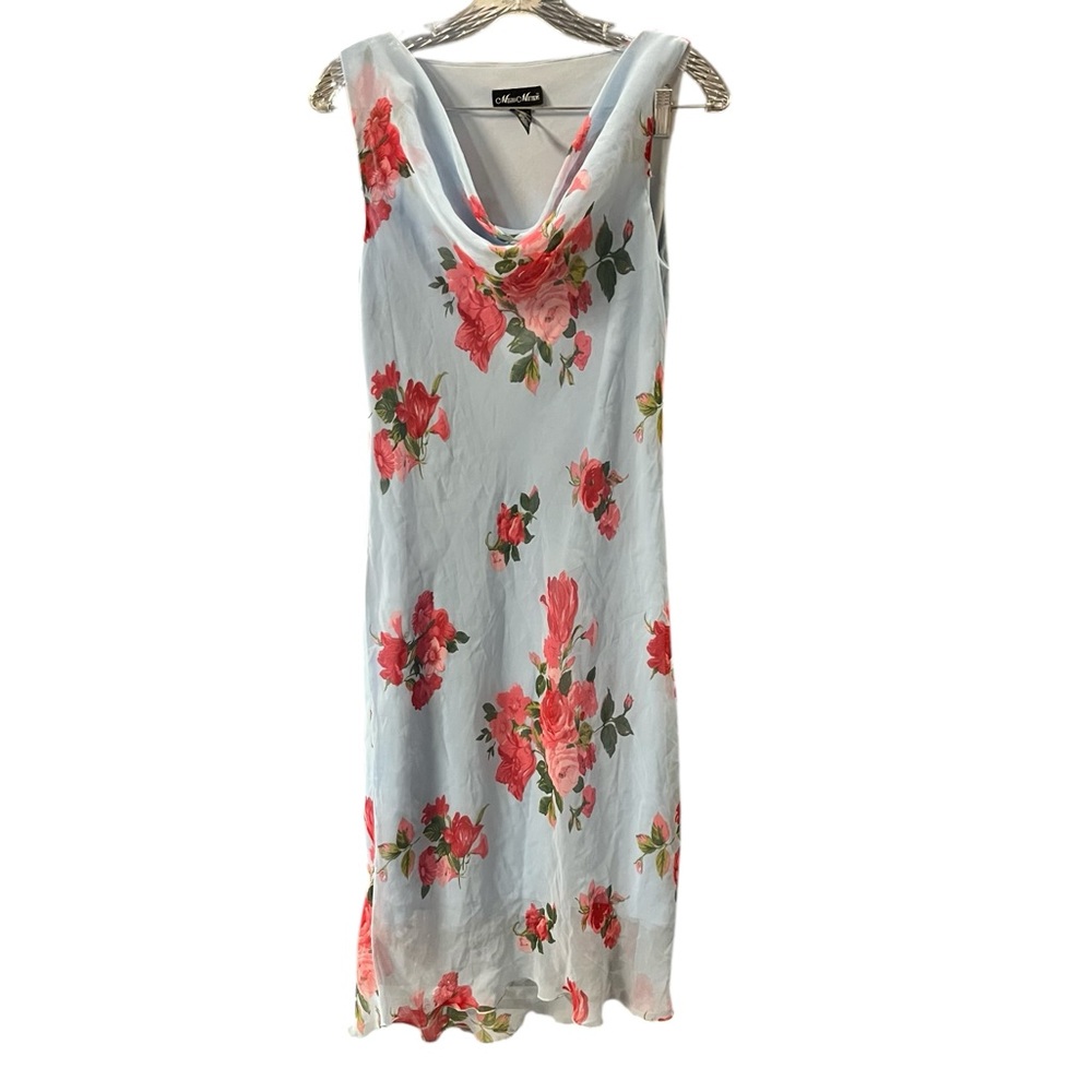 Y2K cowl neck sleeveless midi dress women 6 light blue floral Meghan Matthews